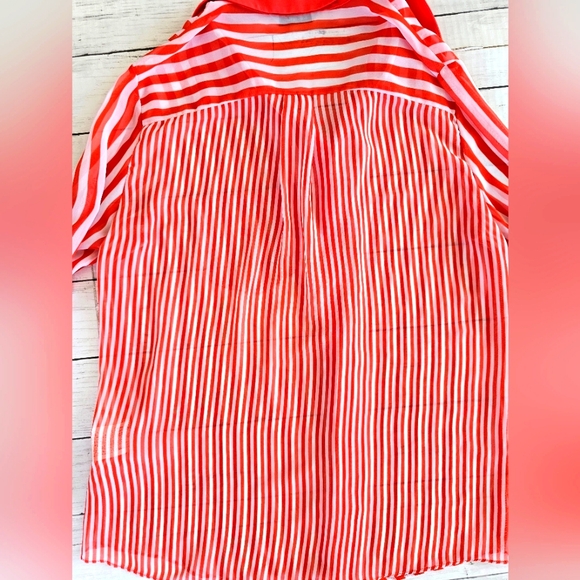 Me Sense Bright Orange & White Striped Collar Sheer Chiffon Button Up Blouse Top - Picture 11 of 11